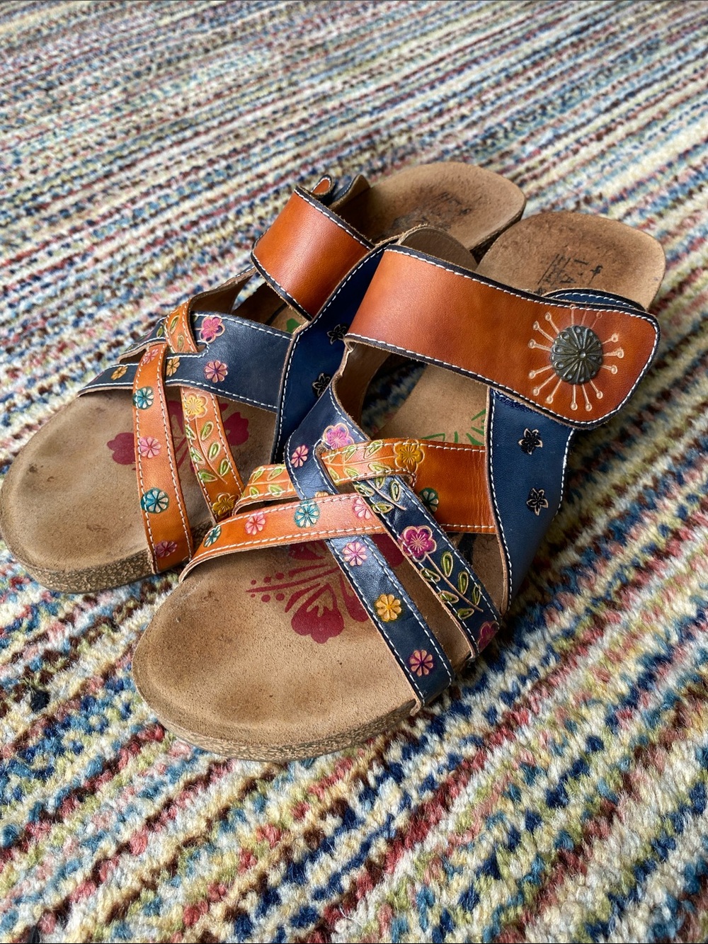 Colorful Floral Leather Wedge Sandals